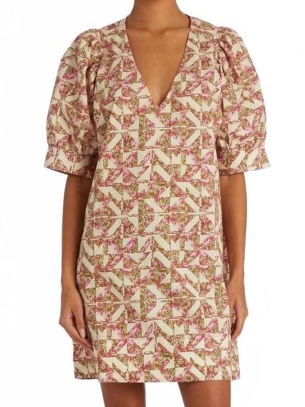 Marie Oliver OLA Dress Size XL Everglade Geometric Print Cotton V-Neck Pink